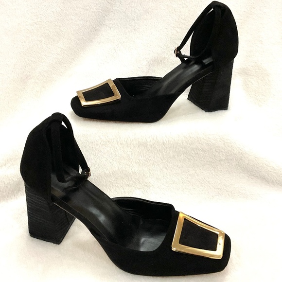 Black Suede Block Heel Closed Toe Pumps With Gold Buckle Detail Size 11 (EU 43) - Picture 3 of 16